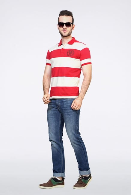 Allen Solly Red & White Striped Polo T-Shirt Allen Solly Red & White Striped Polo T-Shirt