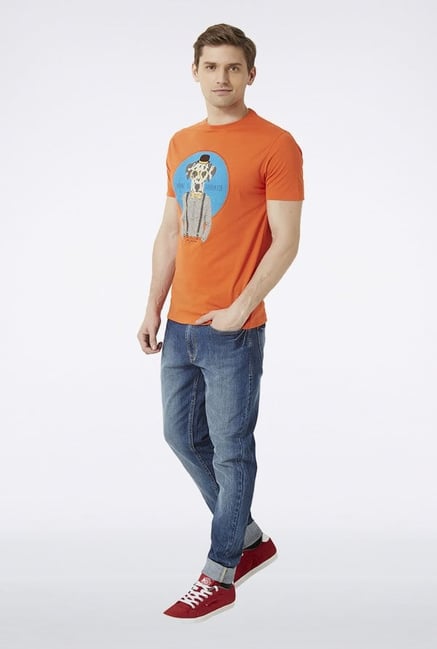 Peter England Orange Graphic Print T-Shirt Peter England Orange Graphic Print T-Shirt