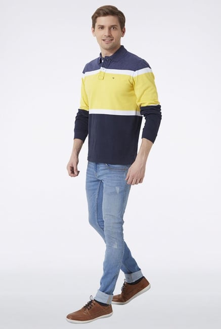 Peter England Navy & Yellow Solid T-Shirt Peter England Navy & Yellow Solid T-Shirt