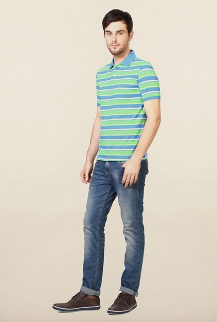 Peter England Blue & Green Striped Polo T-Shirt Peter England Blue & Green Striped Polo T-Shirt