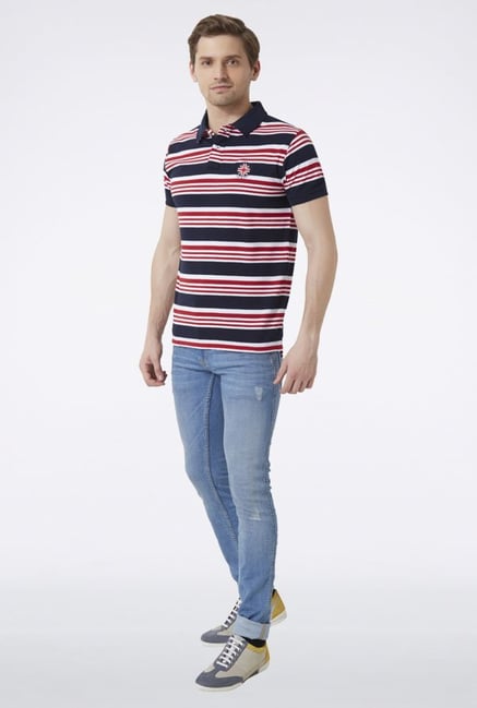 Peter England Navy Striped Polo T-Shirt Peter England Navy Striped Polo T-Shirt