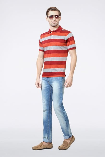 Allen Solly Orange & Grey Striped Polo T-Shirt Allen Solly Orange & Grey Striped Polo T-Shirt