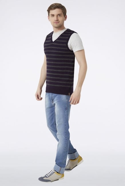 Peter England Navy Striped Sleeveless Sweater Peter England Navy Striped Sleeveless Sweater