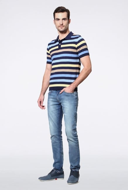 Allen Solly Blue & Yellow Striped Polo T-Shirt Allen Solly Blue & Yellow Striped Polo T-Shirt
