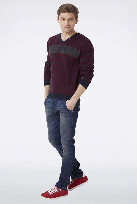 Peter England Red & Navy Striped Sweater Peter England Red & Navy Striped Sweater