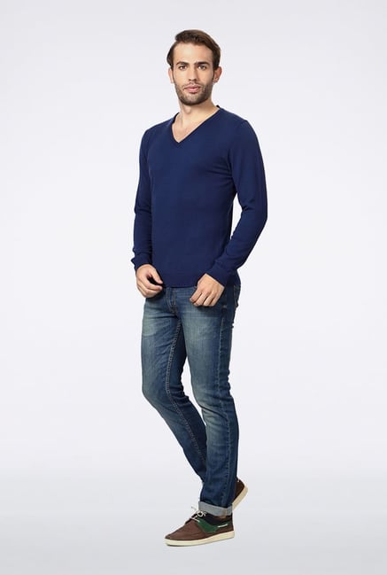 Peter England Navy Solid Cotton Sweater Peter England Navy Solid Cotton Sweater
