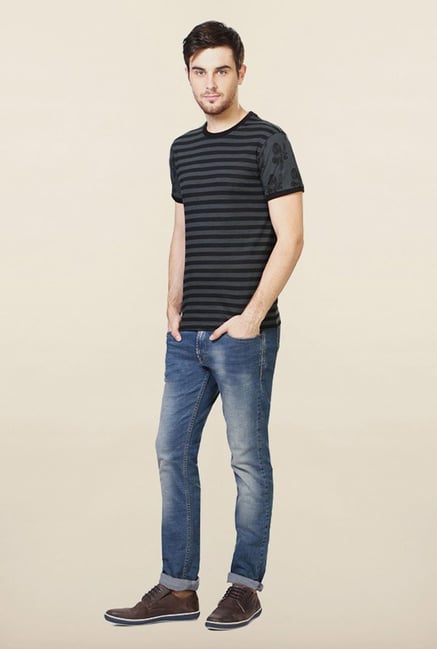 Peter England Grey & Black Striped T-Shirt Peter England Grey & Black Striped T-Shirt