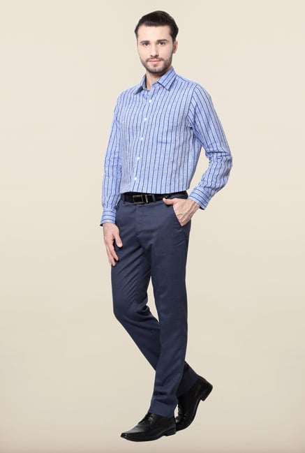 Peter England Blue Striped Linen Formal Shirt Peter England Blue Striped Linen Formal Shirt