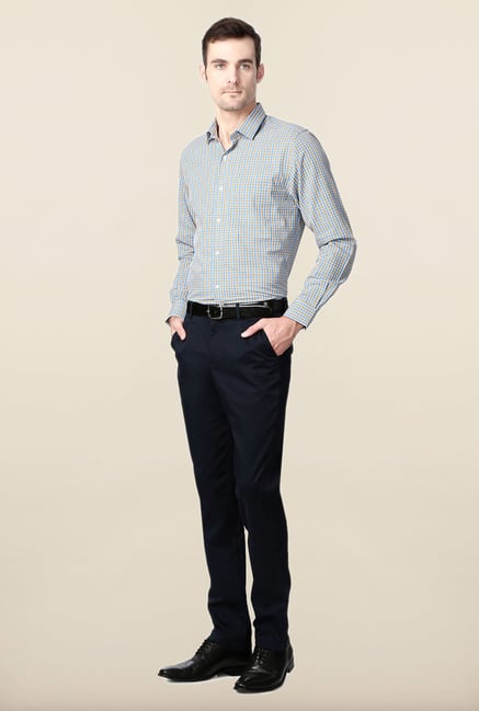 Peter England Blue & Yellow Cotton Formal Shirt Peter England Blue & Yellow Cotton Formal Shirt