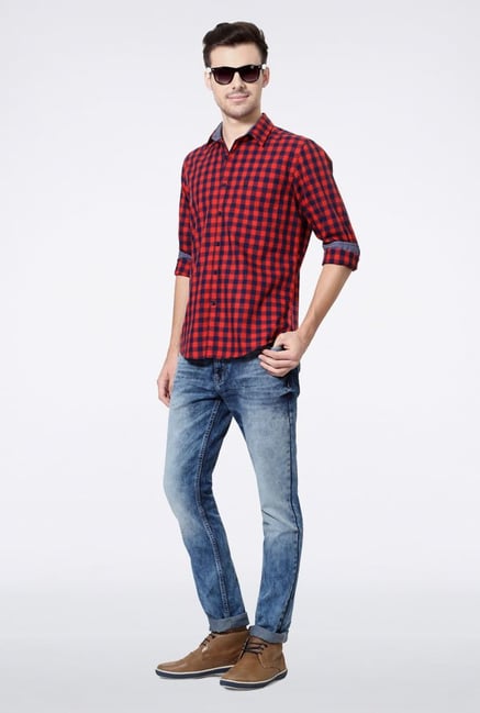 Allen Solly Red & Blue Checks Casual Shirt Allen Solly Red & Blue Checks Casual Shirt