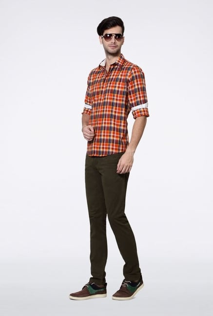 Allen Solly Orange & Navy Checks Slim fit Casual Shirt Allen Solly Orange & Navy Checks Slim fit Casual Shirt