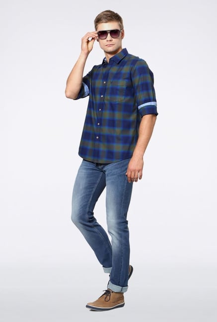 Allen Solly Dark Blue & Olive Checks Casual Shirt Allen Solly Dark Blue & Olive Checks Casual Shirt