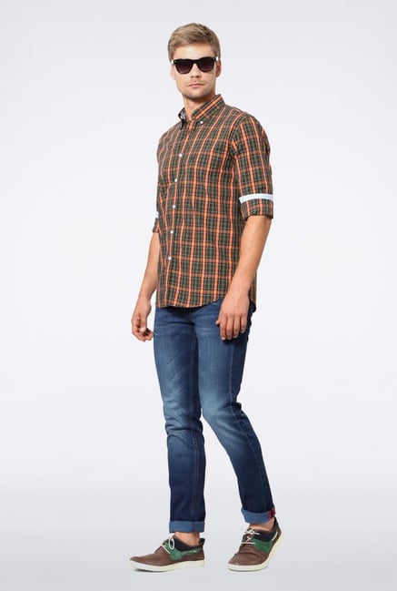 Allen Solly Green & Orange Checks Casual Shirt Allen Solly Green & Orange Checks Casual Shirt
