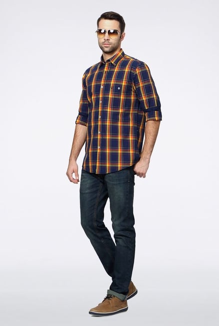 Allen Solly Blue & Yellow Checks Casual Shirt Allen Solly Blue & Yellow Checks Casual Shirt
