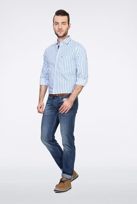 Peter England White & Blue Striped Slim fit Casual Shirt Peter England White & Blue Striped Slim fit Casual Shirt