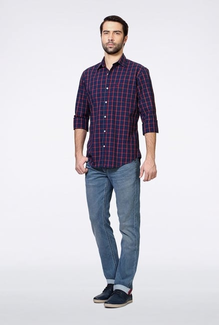 Peter England Navy & Red Checks Slim fit Casual Shirt Peter England Navy & Red Checks Slim fit Casual Shirt