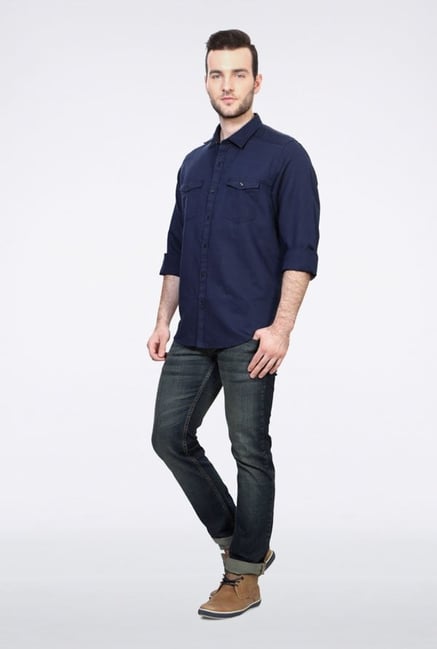 Peter England Navy Solid Slim fit Casual Shirt Peter England Navy Solid Slim fit Casual Shirt