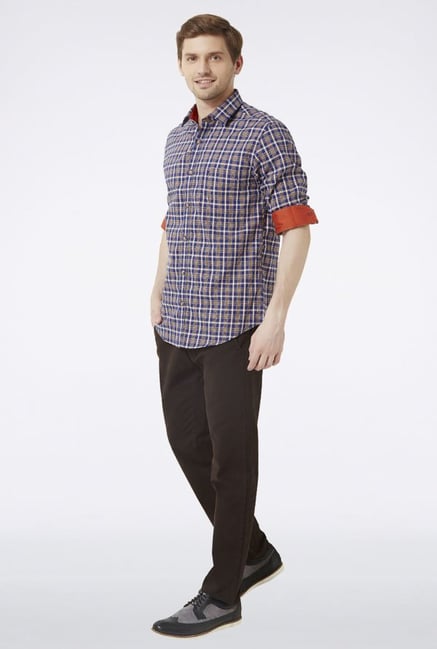 Peter England Blue & Brown Checks Slim fit Casual Shirt Peter England Blue & Brown Checks Slim fit Casual Shirt