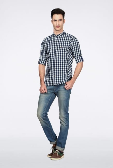 Peter England Navy Checks Slim fit Casual Shirt Peter England Navy Checks Slim fit Casual Shirt
