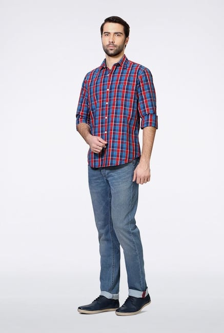 Peter England Blue & Red Checks Casual Shirt Peter England Blue & Red Checks Casual Shirt