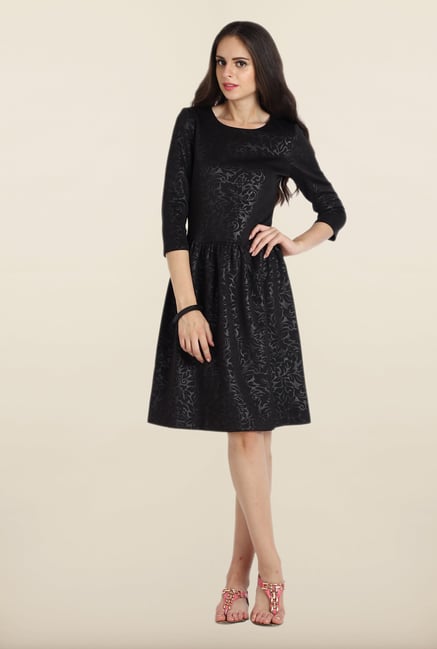 Avirate Black Self Printed A-Line Dress Avirate Black Self Printed A-Line Dress