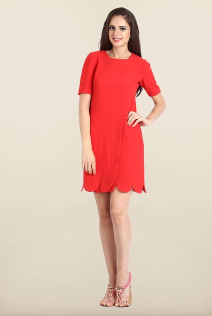 Avirate Red Solid Boat Neck Casual Dress Avirate Red Solid Boat Neck Casual Dress