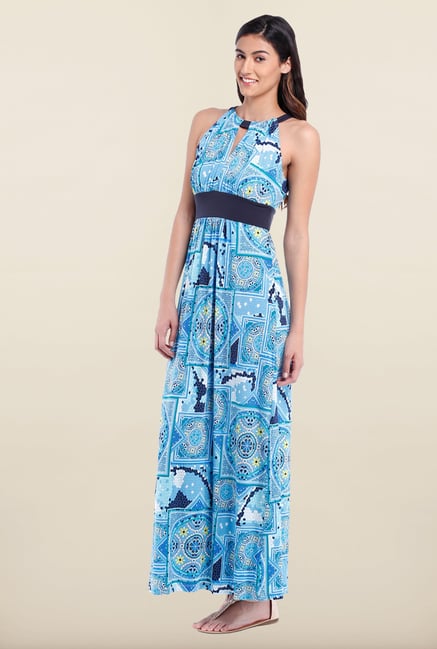 Avirate Blue Printed Halter Neck Maxi Dress Avirate Blue Printed Halter Neck Maxi Dress