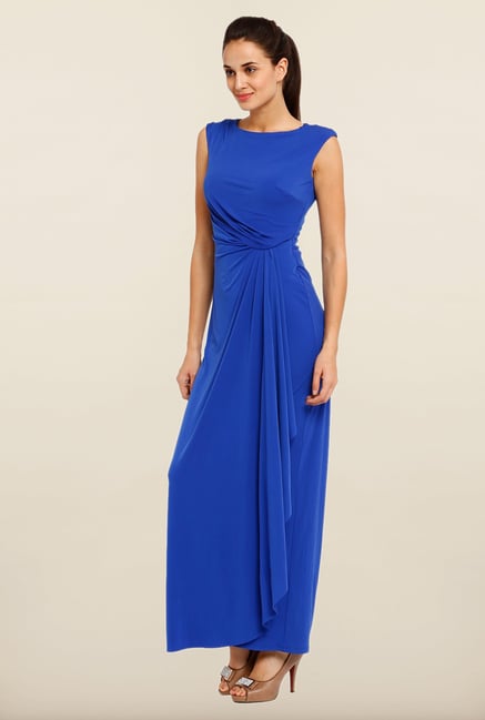 Avirate Blue Solid Boat Neck Maxi Dress Avirate Blue Solid Boat Neck Maxi Dress