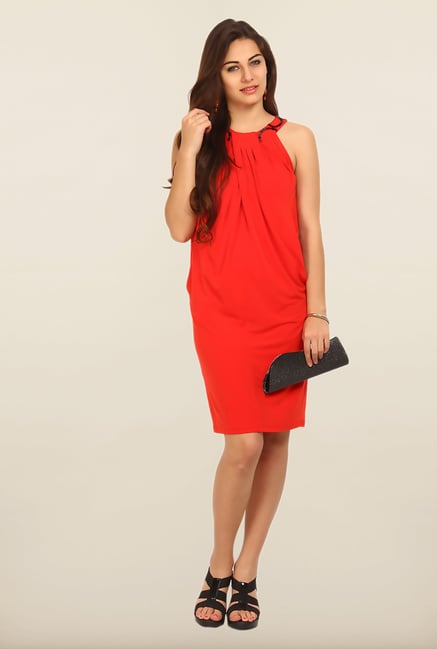 Avirate Red Solid Halter Neck Casual Dress Avirate Red Solid Halter Neck Casual Dress