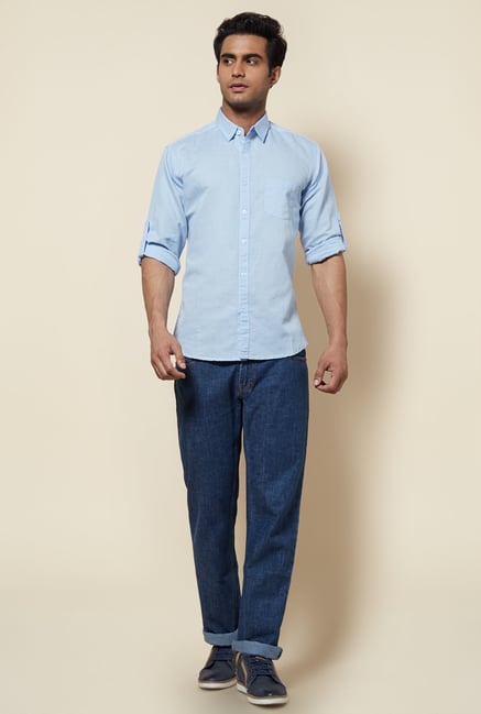 Zudio Sky Blue Solid Cotton Shirt Zudio Sky Blue Solid Cotton Shirt