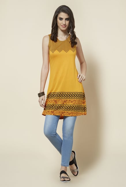 Zudio Yellow Sleeveless Printed Kurta Zudio Yellow Sleeveless Printed Kurta