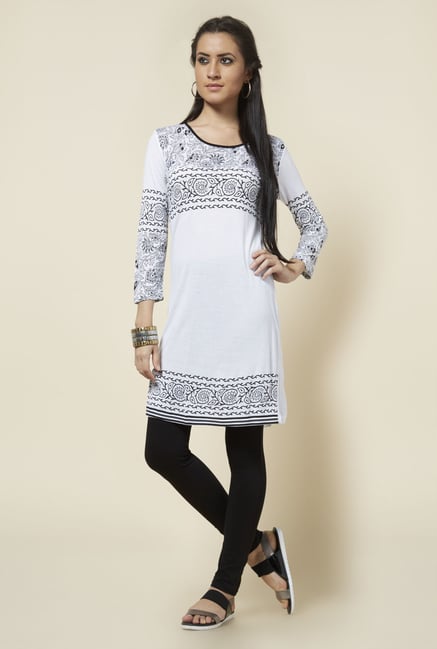 Zudio White Round Neck Printed Kurta Zudio White Round Neck Printed Kurta