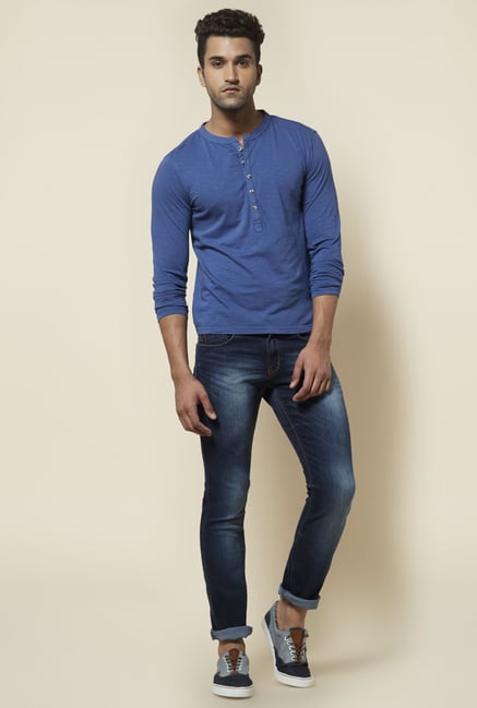 Zudio Blue Solid Henley Neck T Shirt Zudio Blue Solid Henley Neck T Shirt