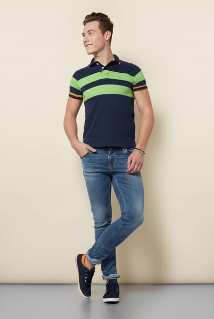Integriti Navy & Green Striped Polo T Shirt Integriti Navy & Green Striped Polo T Shirt
