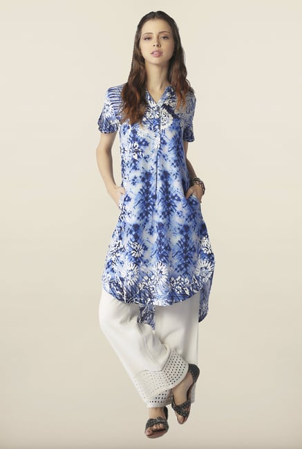 Global Desi Blue Printed High Low Kurti Global Desi Blue Printed High Low Kurti