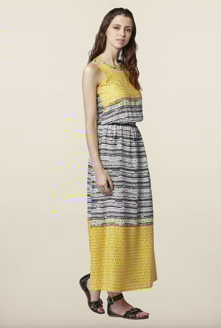 Global Desi Yellow & Black Printed Maxi Dress Global Desi Yellow & Black Printed Maxi Dress