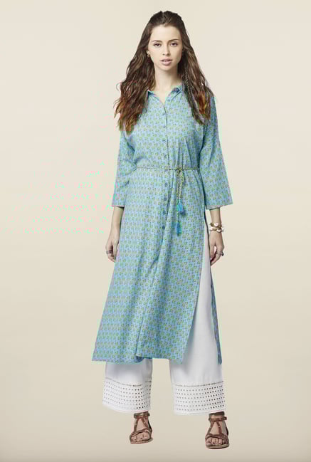 Global Desi Aqua Floral Print Kurta Global Desi Aqua Floral Print Kurta