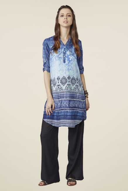 Global Desi Blue Floral Printed Tunic Global Desi Blue Floral Printed Tunic