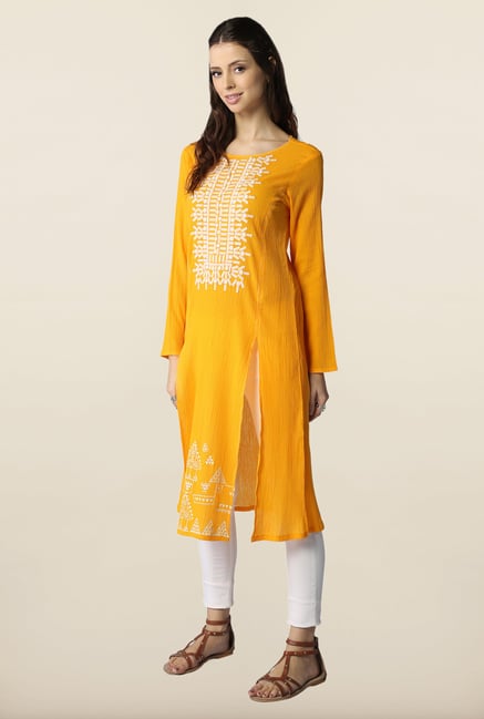 Global Desi Yellow Embroidered Kurti Global Desi Yellow Embroidered Kurti