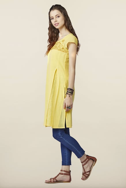 Global Desi Yellow Embroidered Cotton Tunic Global Desi Yellow Embroidered Cotton Tunic