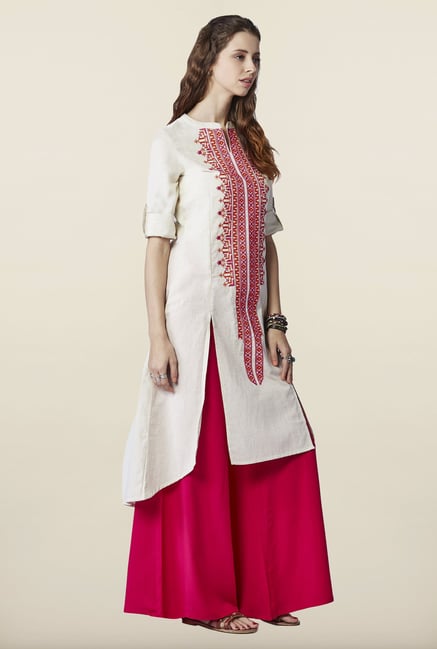 Global Desi Cream Embroidered Kurti Global Desi Cream Embroidered Kurti