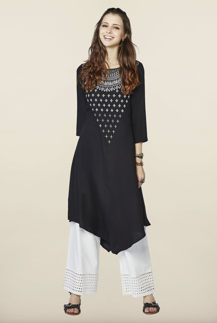 Global Desi Black Printed Embroidered Kurti Global Desi Black Printed Embroidered Kurti