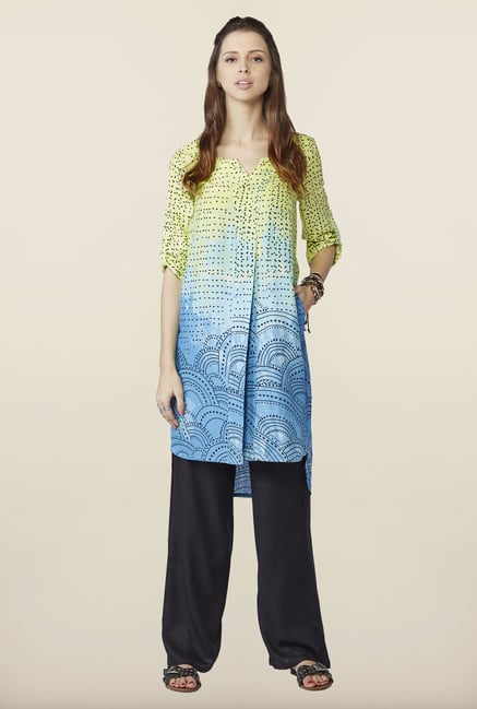 Global Desi Blue & Yellow Printed Kurti Global Desi Blue & Yellow Printed Kurti