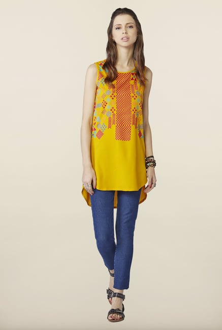 Global Desi Mustard Printed Sleeveless Tunic Global Desi Mustard Printed Sleeveless Tunic