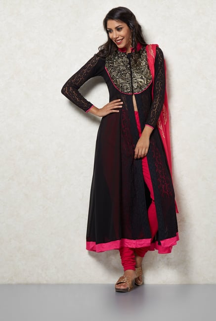 Ira Soleil Black & Pink Embroidered Suit Set Ira Soleil Black & Pink Embroidered Suit Set