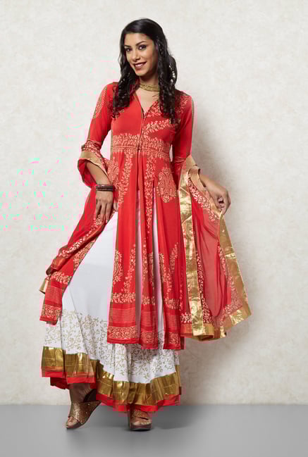 Ira Soleil Orange & White Printed Lehenga Set Ira Soleil Orange & White Printed Lehenga Set