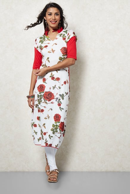 Ira Soleil Red Floral Printed Kurta Ira Soleil Red Floral Printed Kurta