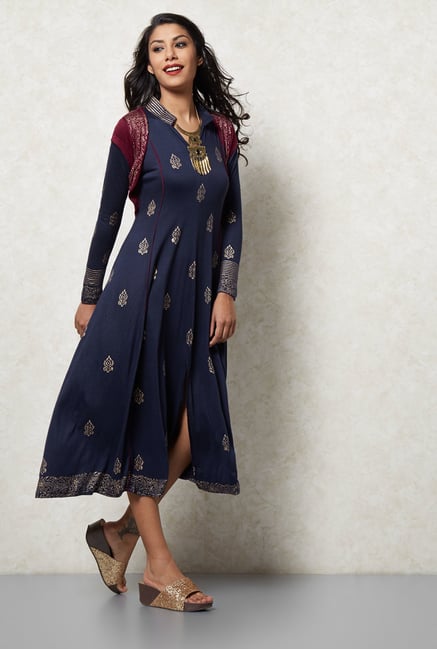 Ira Soleil Navy Printed Dress Ira Soleil Navy Printed Dress