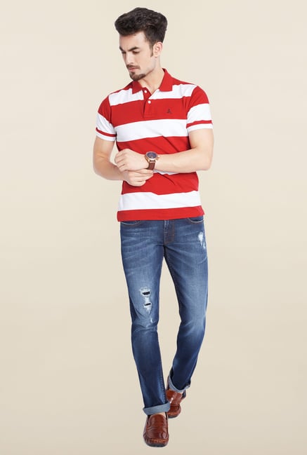 Parx Red & White Striped Cotton T-Shirt Parx Red & White Striped Cotton T-Shirt