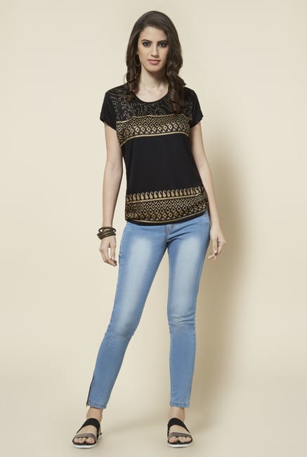 Zudio Black Printed Round Neck Top Zudio Black Printed Round Neck Top